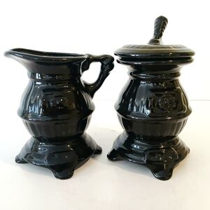 Vintage Ceramic Black Potbelly Stove Ceramic Creamer and Sugar Set
